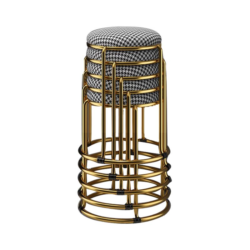 Houndstooth Print Pouf Ottoman Round Linen Stain Resistant Glam Ottoman