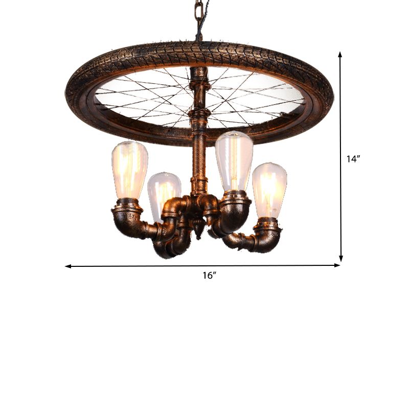 Wagon Wheel Metal Light Chandelier Retro Rustic 4-Light Dining Room Pendant Lighting in Bronze