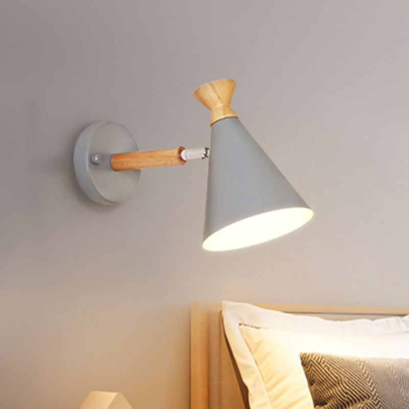 Metal Cone Shade Wall Light Nordic Style Rotatable 1 Light Bedside Reading Light in Blue/Green/Grey/White