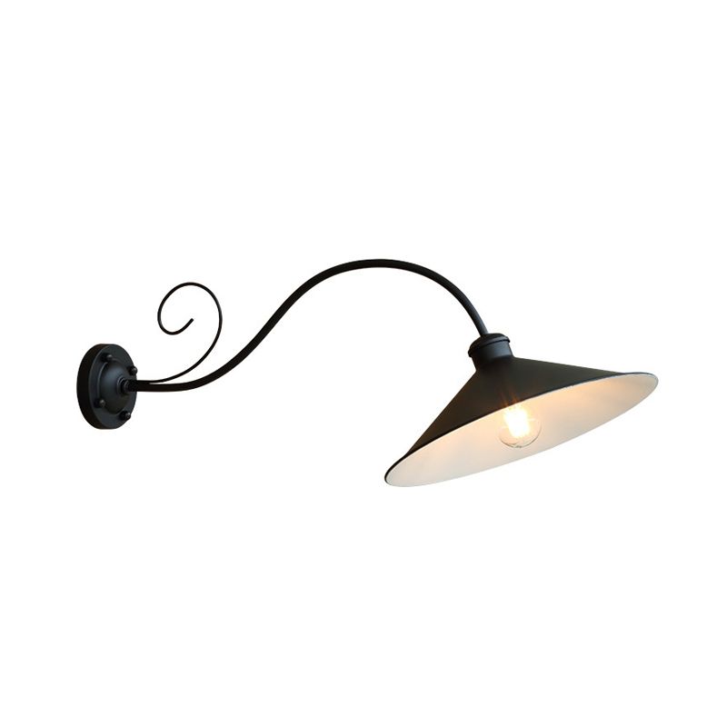 Antiqued Flared Wall Light Fixture 1-Light Metal Sconce Lamp in Black/Black and White with Curved Arm for Outdoor