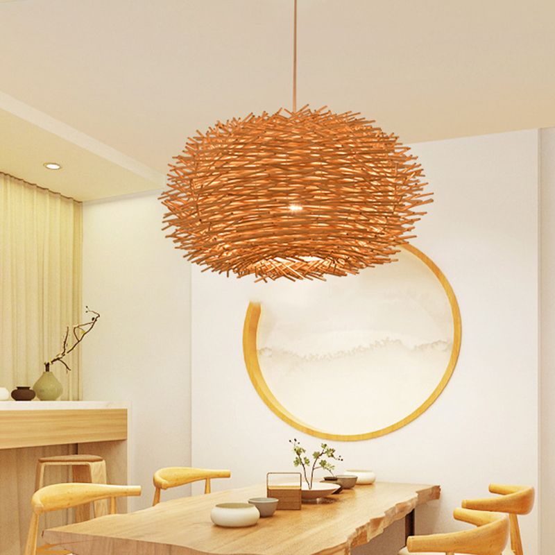 Bird's Nest Shaped Creative Hanging Light Asian Style Simplicity Bamboo Weaving Lighting Fixture with 39.3" Suspended Wire