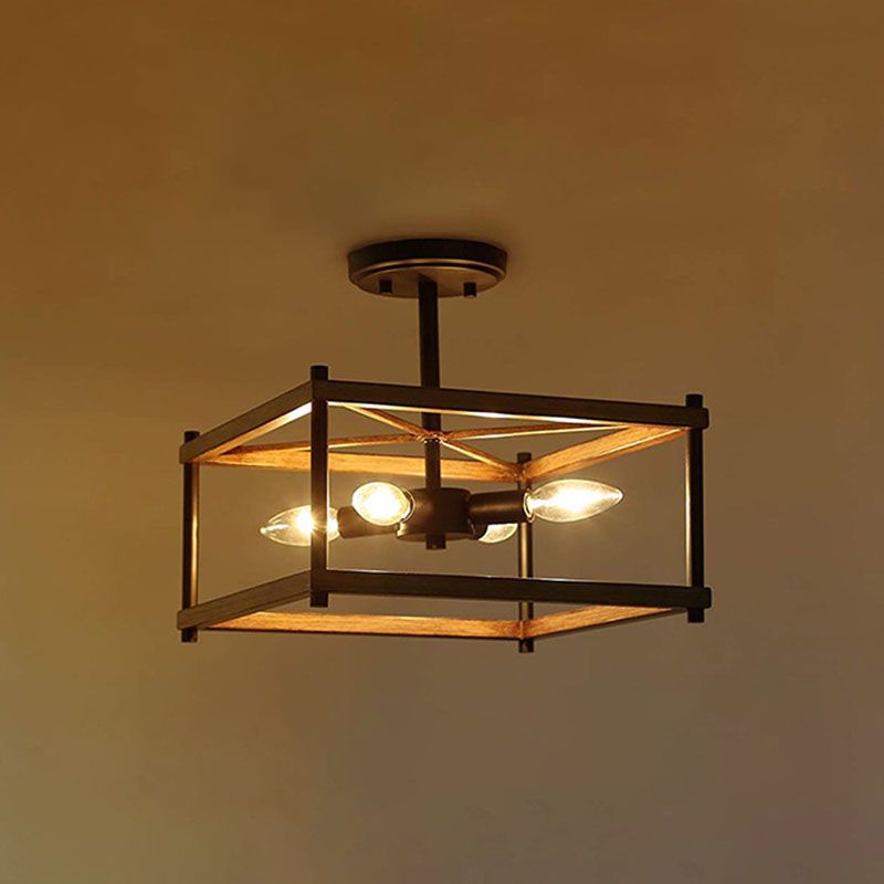 Luz de techo negro de madera en el estilo industrial de hierro forjado Geométrico Semi Flush Monte