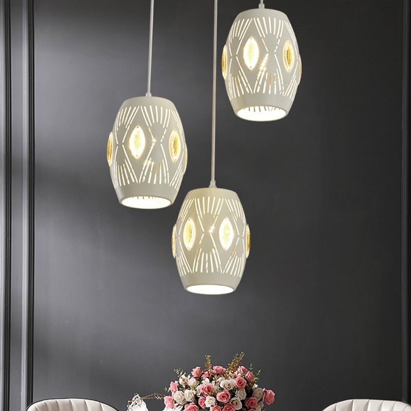 3 Lights Living Room Hanging Light Kit Contemporary White Cluster Pendant Light with Hollow-Out Urn Iron Shade