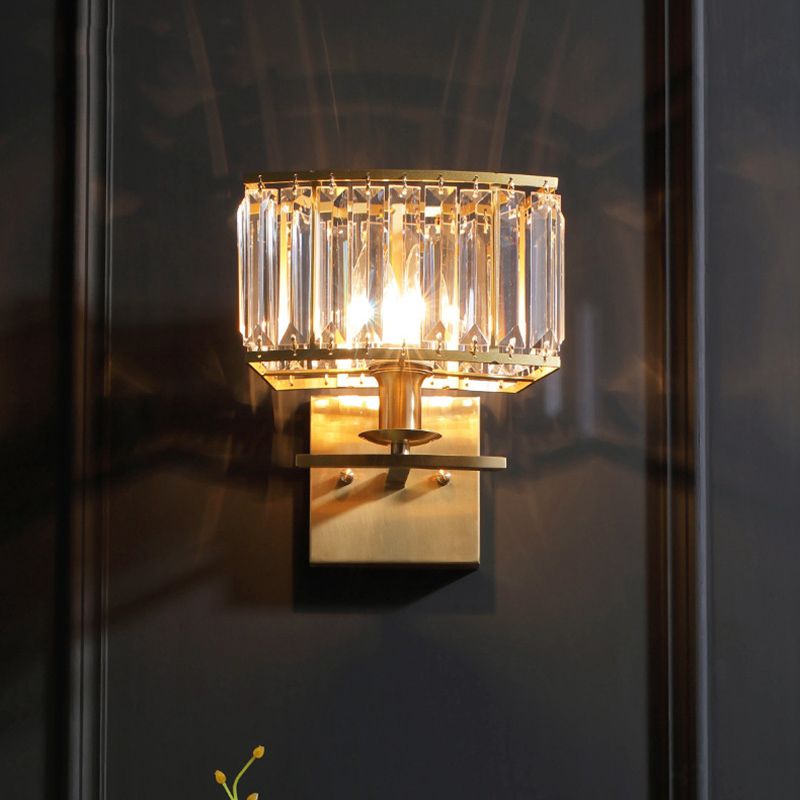 Gold Rectangular Wall Sconce in Modern Luxury Style Copper Wall Lamp with Crystal Shade