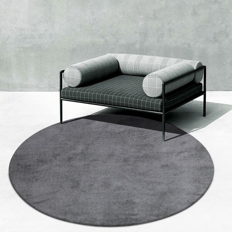 Round Gray Color Plain Rug Polyester Contemporary Anti-Slip Backing Indoor Rug for Living Room