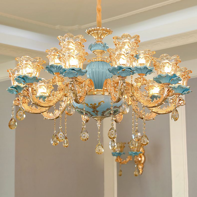 European Style Chandelier Metal Flower Shape Hanging Light with Crystal for Bedroom