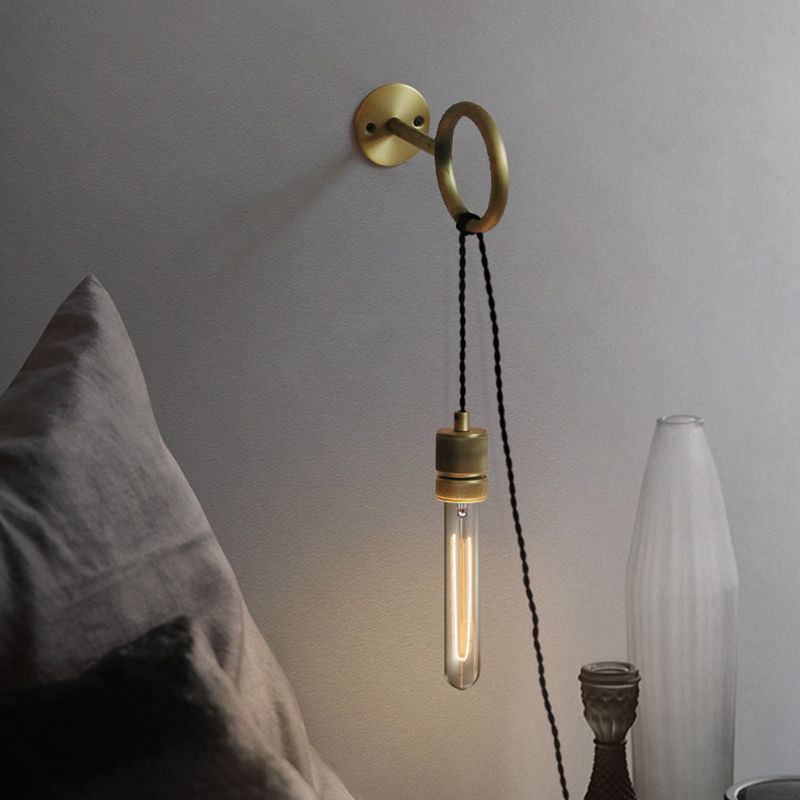 Iluminación de pared de matorral de oro de hierro bombilla desnuda de 1 cabeza de pared colonial lámpara de luz con diseño de anillo