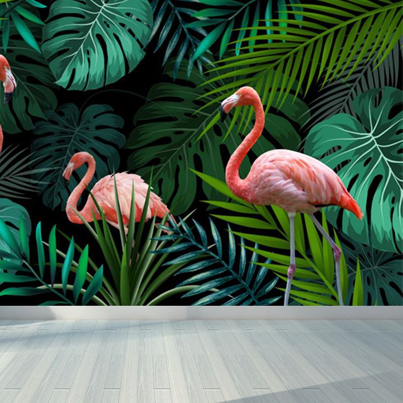 Green Botanics Wallpaper Mural Flamingo Tropical Waterproof Wall Decor for Bedroom
