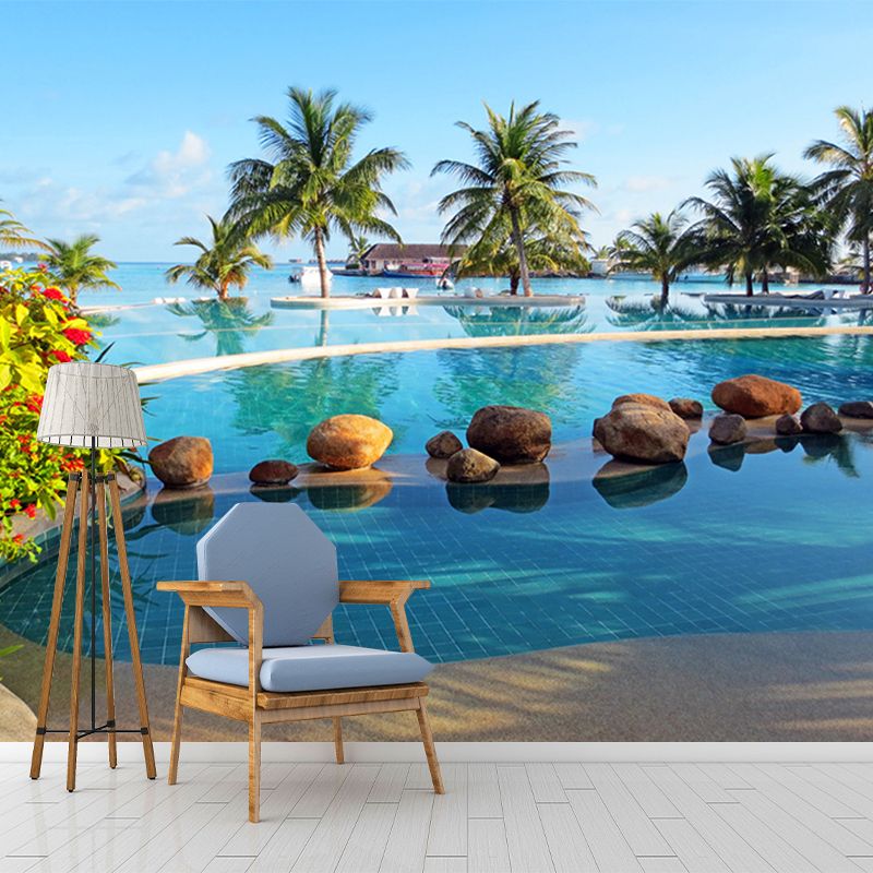 Tropical Swimming Pool Wall Murals Non-Woven Waterproof Blue and Green Wall Art for Living Room
