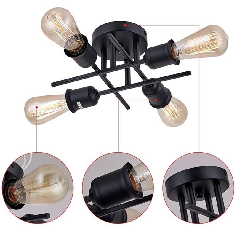 Industrial Vintage Radial Semi-Flush Mount Metal Ceiling Fixture in Black and Gold