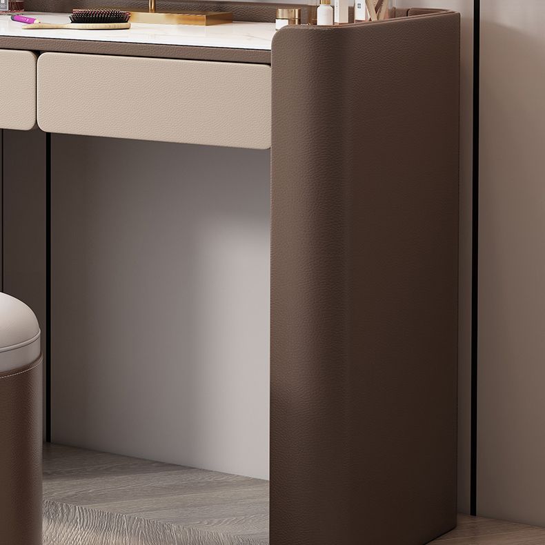 29.53" H Wood/Stone Vanity Table Stool Set 2/5 Drawers Dresser in Brown