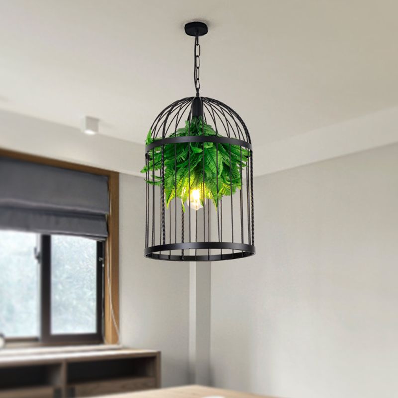 Black Bird Cage Hanging Lamp Farmhouse Iron 1 Light Restaurant Ceiling Pendant Light with Plant Decor