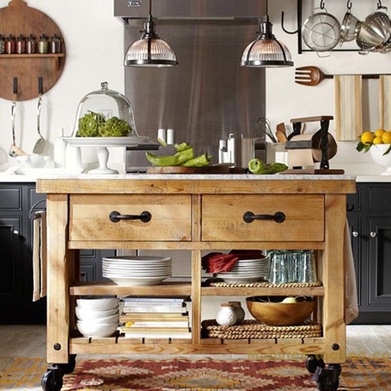 Modern Kitchen Island Table Dining Room Prep Table with Open Shelves