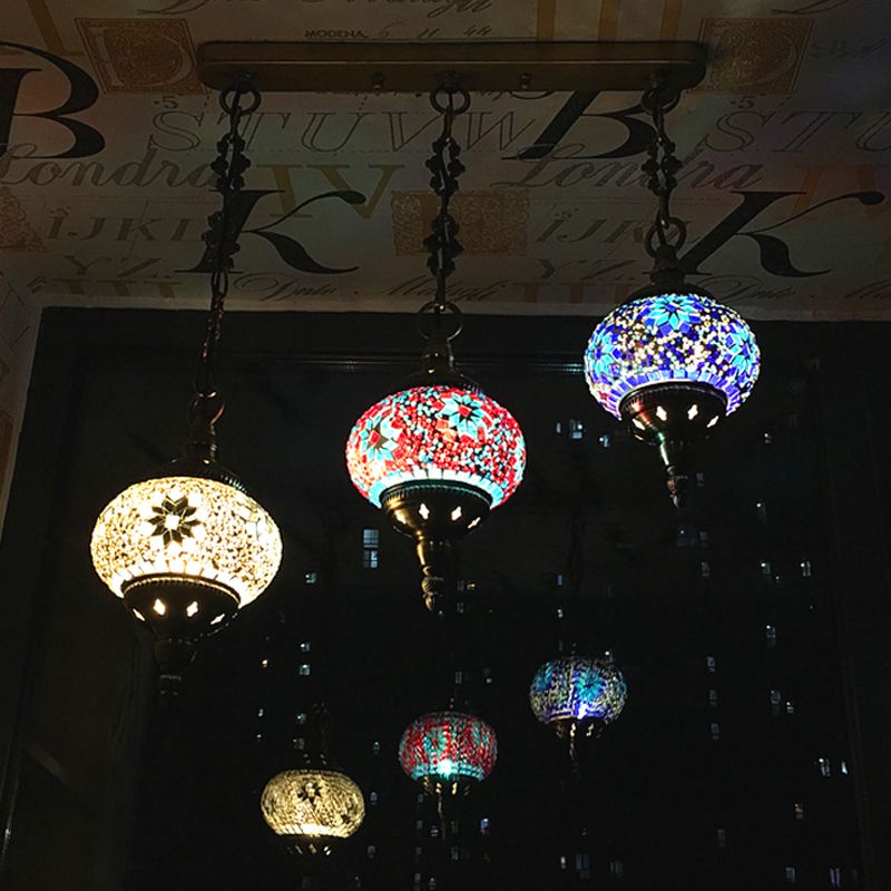 3 Heads Stained Art Glass Suspension Lamp Vintage Red/Yellow/Green Oval Bedroom Cluster Pendant