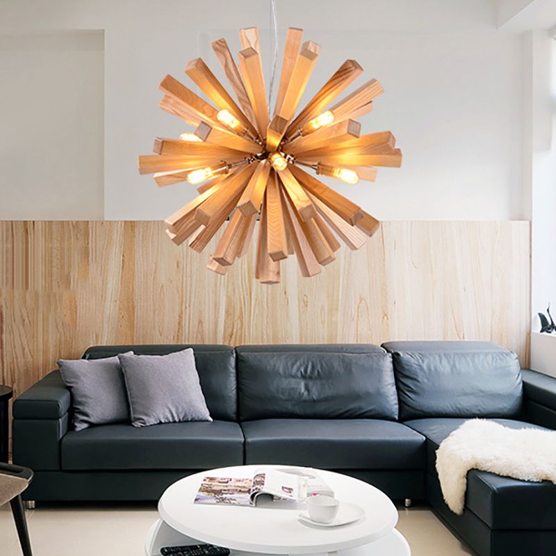 Wood Nordic Style Chandelier 10 Lights Hanging Light for Restaurant