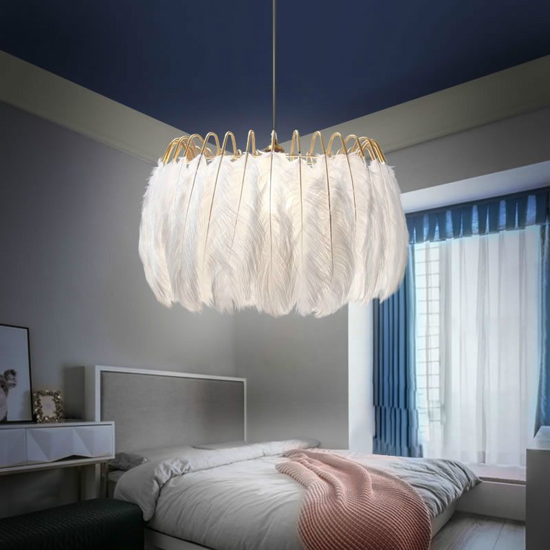 White Round Pendant Lighting Postmodern Style 1 Head Feather Hanging Light Fixture