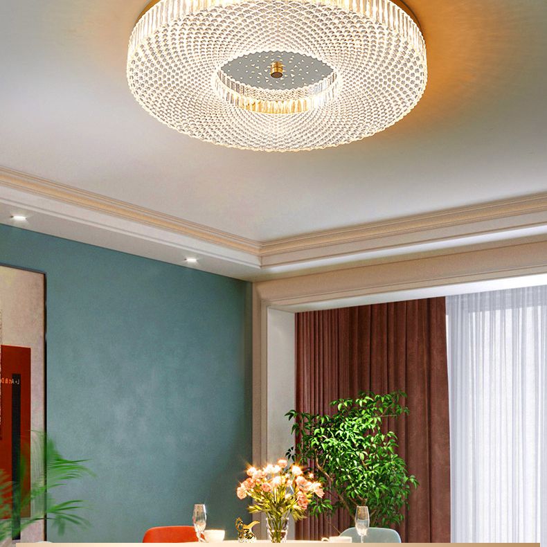 Circular Bedroom Flush Ceiling Light Lattice Crystal Minimalist LED Flush Mount Fixture in Brass