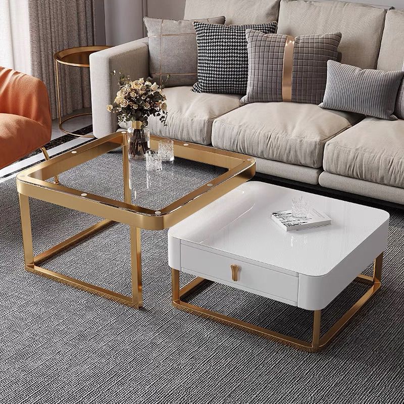 Gold Frame Metal Iron Base Design with Drawer Square Coffee Table