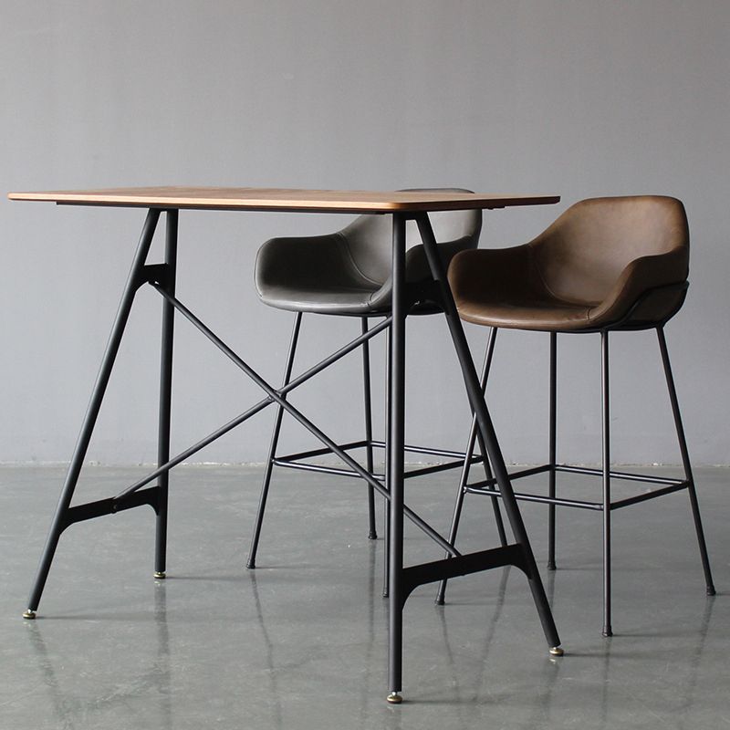 Contemporary Leather Armed Barstool Matte Finish Footrest Low Back Stool