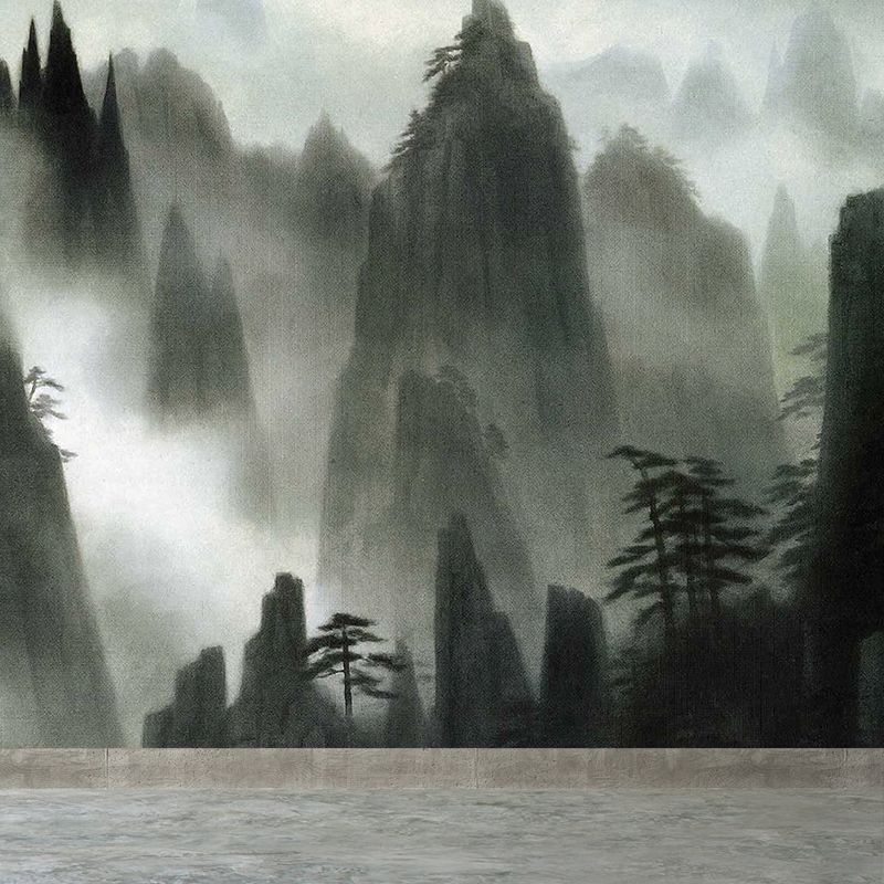 Great Contemporary Mural Wallpaper in Black Foggy Mountain Wall Decor, Custom Printed