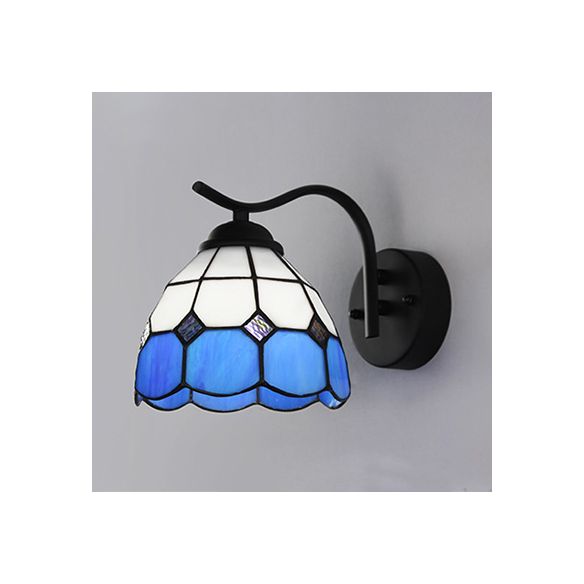 Mediterranean Dome Wall Lighting with Curved Arm Stained Glass 1 Light Sconce Light in White/Clear