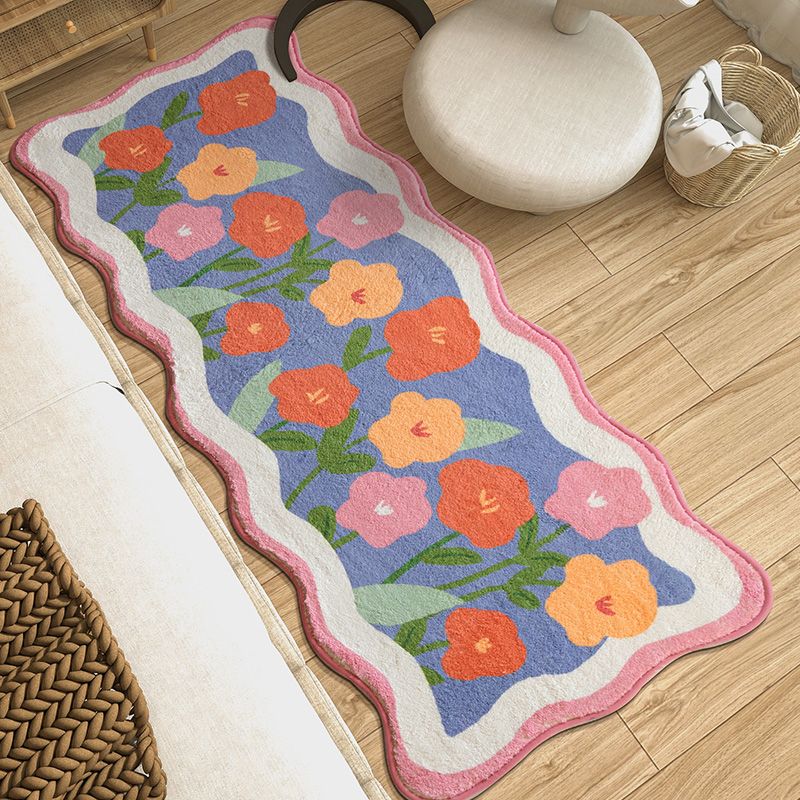 Orange Modern Carpet Flower Pattern Polyester Area Rug Non-Slip Backing Rug for Bedroom