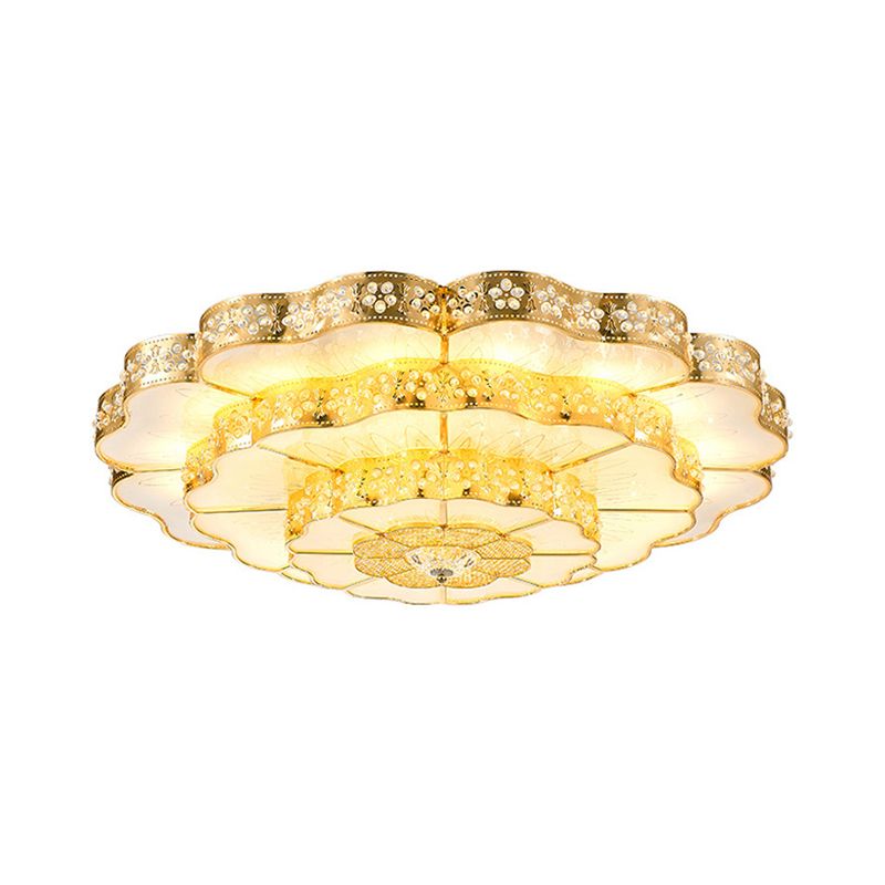 LED Flush Mount Fixture Contemporary Bedroom Ceiling Lamp with Flower Crystal Shade in Gold