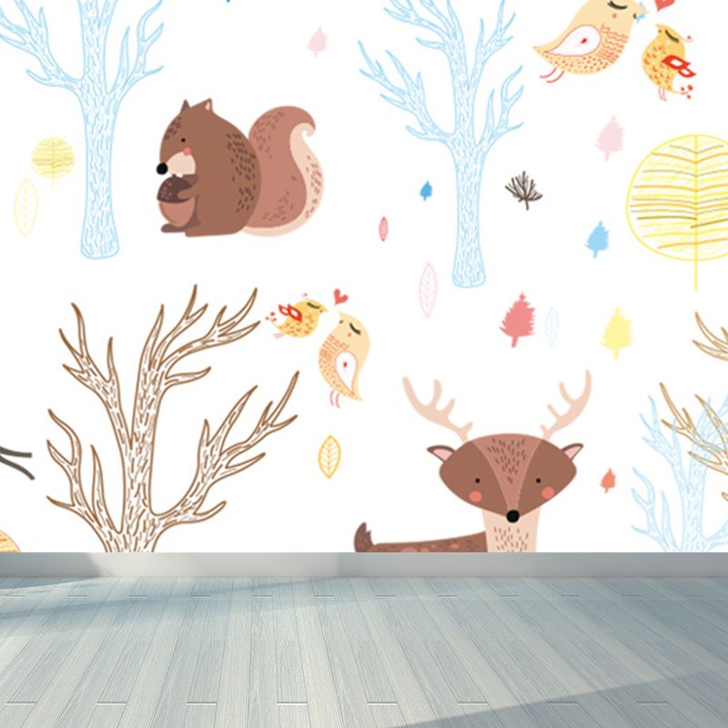 Kawaii Animal Wall Paper Mural for Children Bedroom Hand Printed Wall Art, Custom Size