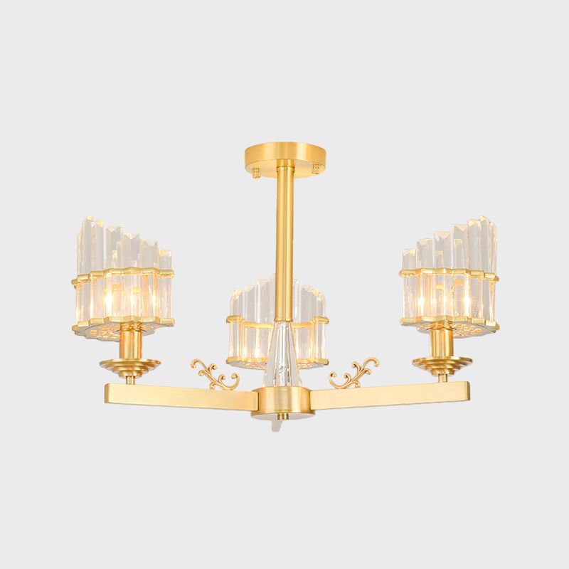 Curved Shape Dining Room Flush Chandelier Postmodern Crystal 3/6-Head Gold Semi Flush Ceiling Light