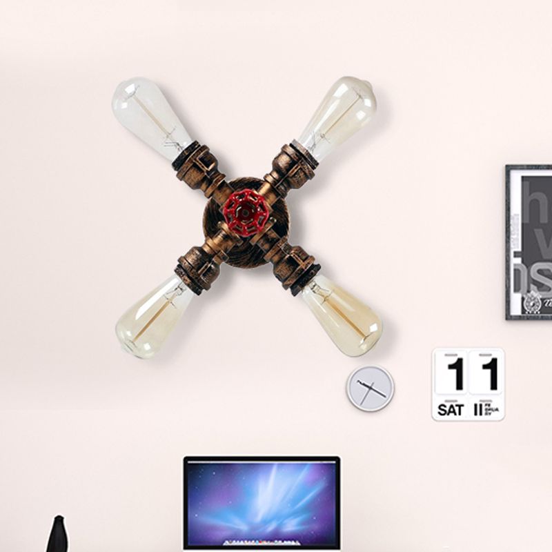 Schmiedeeisen -Sputnik -Wandlampe mit freiliegender Glühbirne und Ventilfarmhaus 4 Leuchten Innenmauer Bronze -Wandbeleuchtung