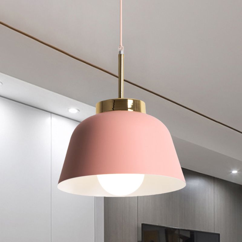 1-Light Dining Room Pendant Macaron Style Pink Finish Hanging Ceiling Lamp with Bowl Iron Shade