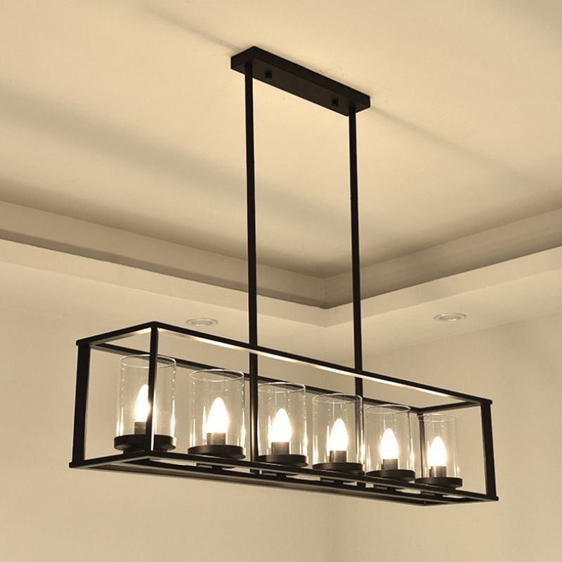 5/6 Lights Dining Room Hanging Light Kit Classic Black Island Lighting with Cylinder Clear Glass Shade