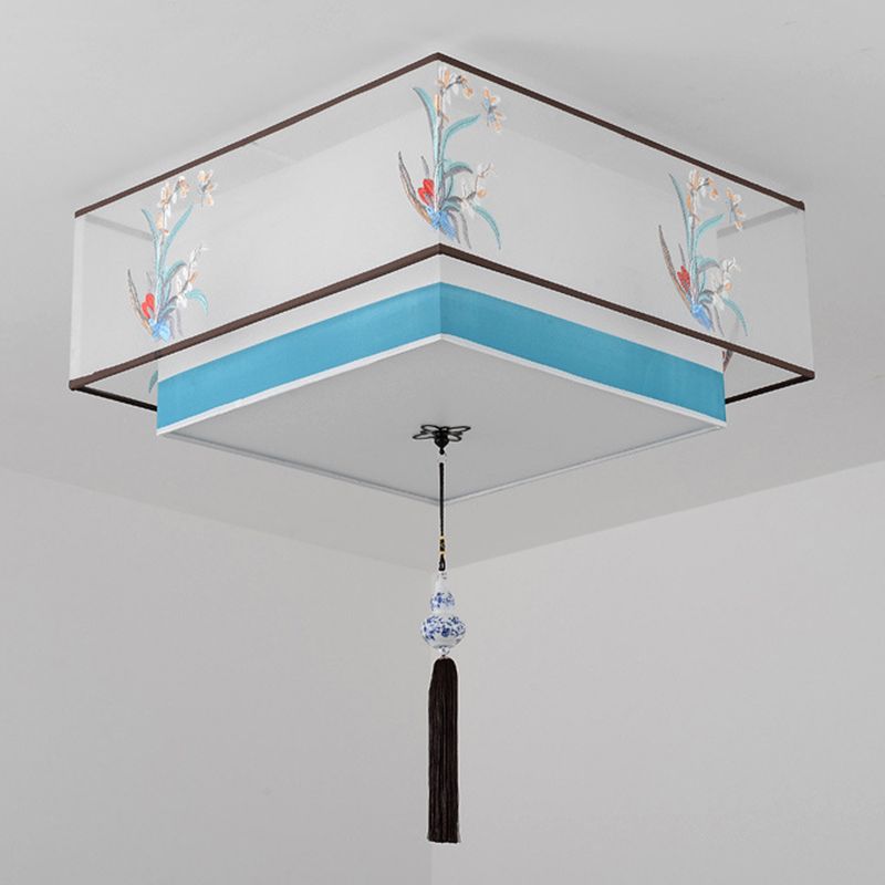 Geometric Wrought Iron Ceiling Light in Traditional Simplicity Fabrics Indoor Flush Mount with Ceramic Flower Decoration