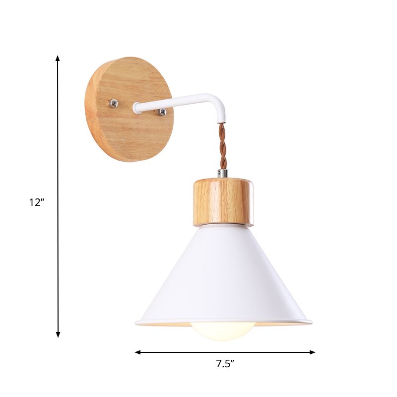 Cone Shade Metallic Wall Sconce Nordic Stylish 1 Light Blue/Pink/White Wall Mount Light with Wooden Cap