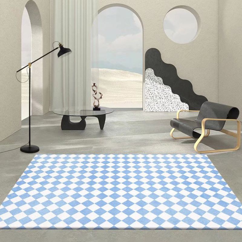 Blue Modern Rug Polyester Check Pattern Rug Stain Resistant Rug for Sitting Room