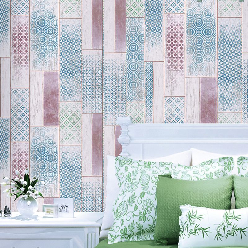 Geometric-Patterned Wood Wallpaper Bohemian Style Smooth Wall Decor in Blue for Home