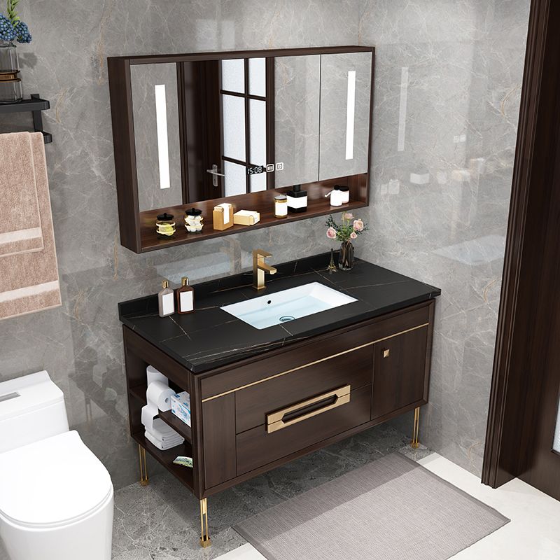 Freestanding Vanity Mirror Rectangle Single Sink Wood Frame Vanity Set with Drawers
