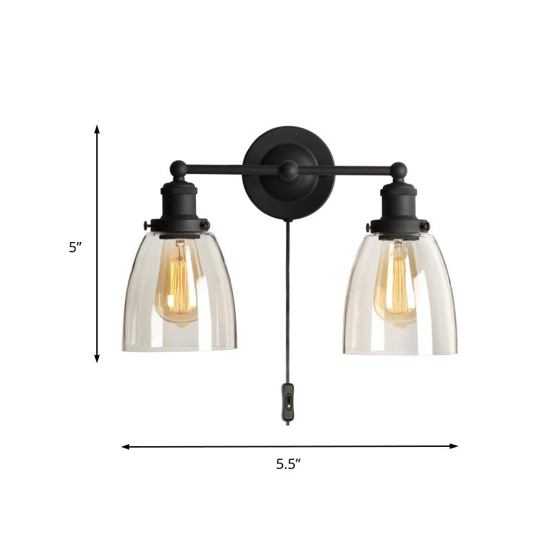 2-Light Tapered Sconce Light Industrial Black Clear Glass Wall Lamp with Plug-in Cord for Kitchen