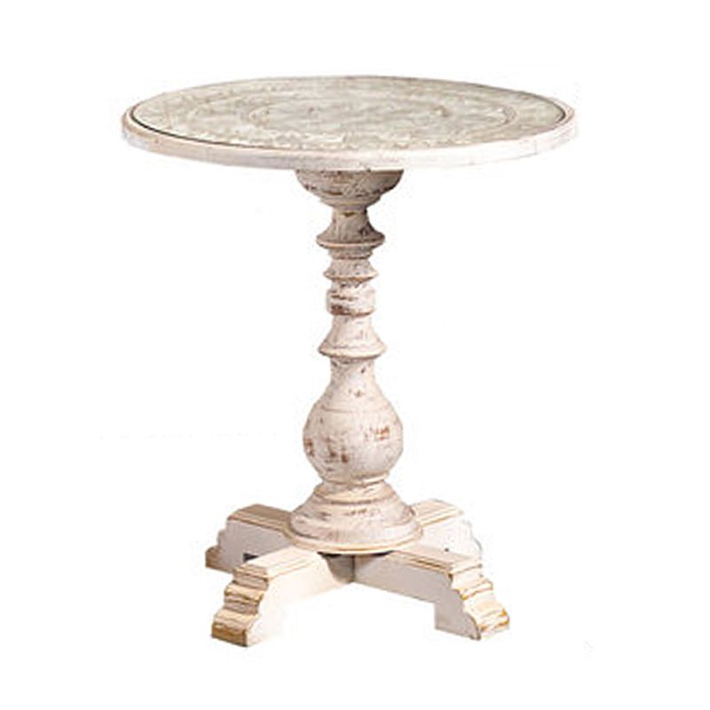 French Country Pedestal End Table Solid Wood Antique Brown/White Side Table