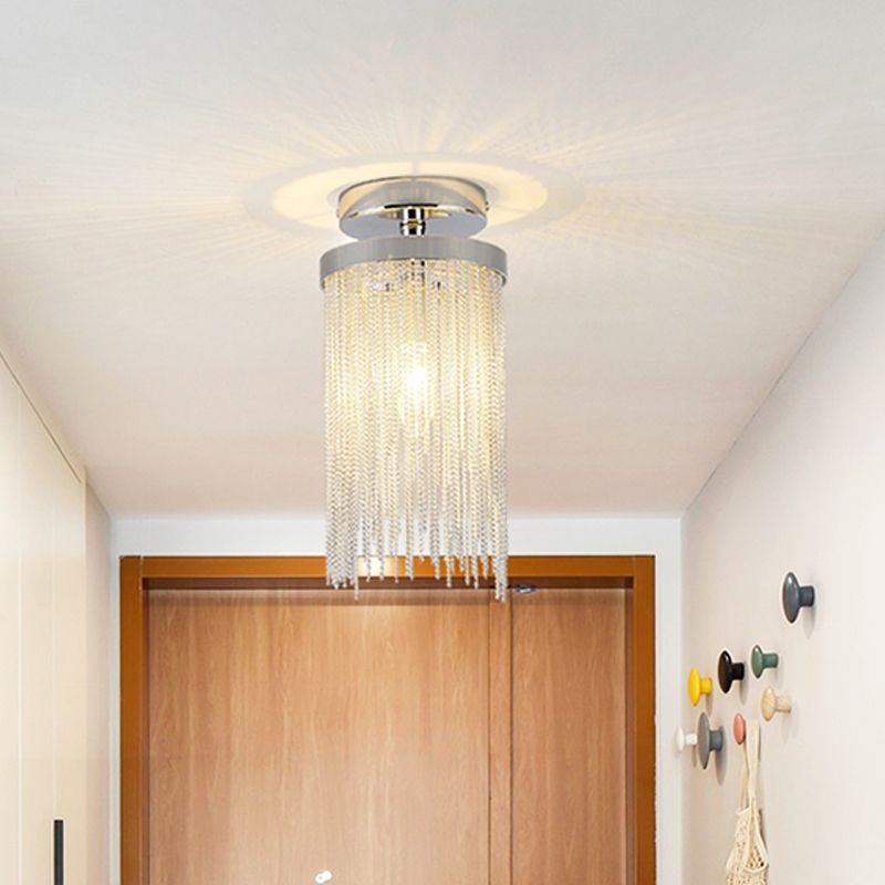 Cylinder Semi Flush Mount Light Modern Crystal Strand 1 Light Blue/Green/Chrome Ceiling Light