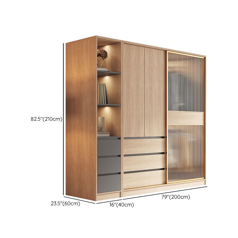 Contemporary Glass Sliding Doors Wardrobe Natural Wood Wardrobe with Drawers