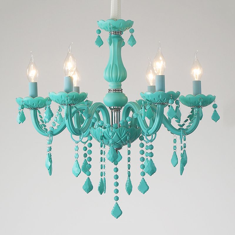 Multi Light Candle Branch Hanging Pendant Modern Style Crystal Hanging Lighting in Green