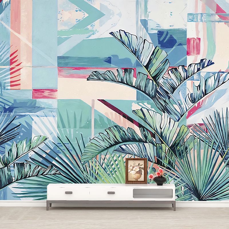 Whole Plants Wall Murals Tropics Leaves Wall Covering in Blue-Green for Living Room