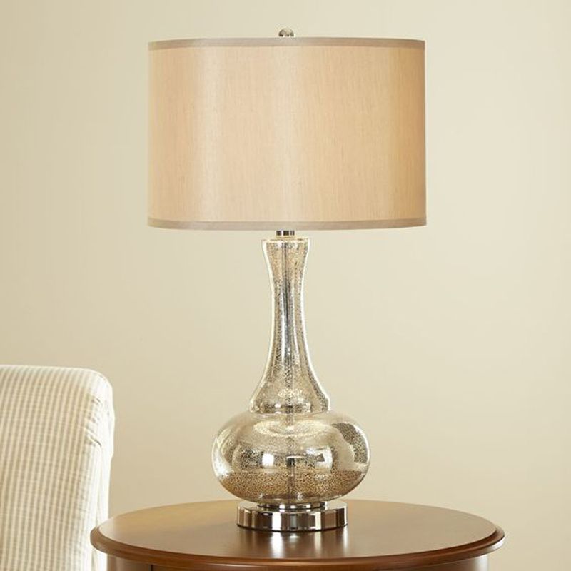 Silver Glass Vase Shape Nightstand Light Modernism Single Bulb Night Table Lamp with Drum Beige Fabric Shade