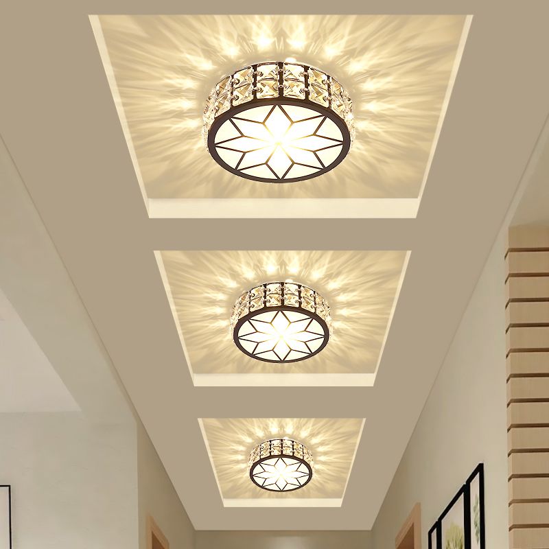 Metal Round LED Ceiling Spotlight Minimalist Black Flush Mount Lighting with Inserted Crystals
