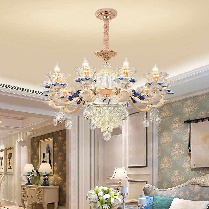 Flower Ribbed Glass Suspension Light Retro Style Living Room Chandelier Light with Crystal Draping in White