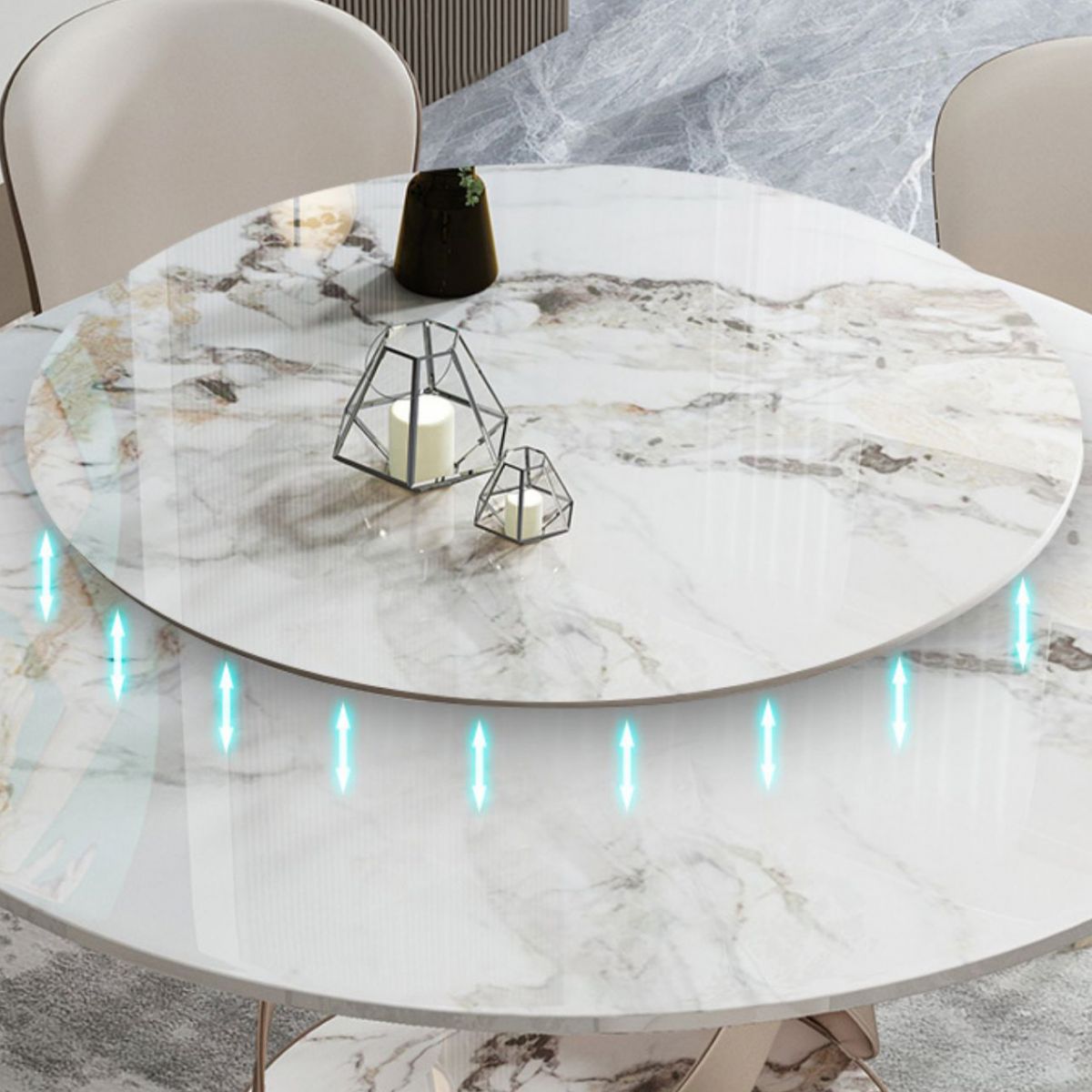 Modern Round Drop-leaf Table Stone with Metal Base Pedestal Dining Table