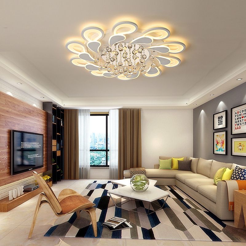 27"/31.5" W White Windmill Flush Lamp Modernist LED Acrylic Flush Mount Ceiling Fixture with Crystal Drop in Warm/White Light