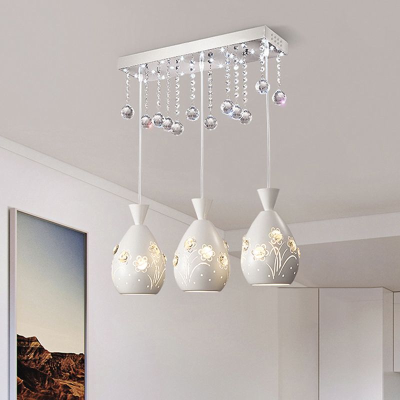 Hollow-Out Floret Iron Multi Light Ceiling Lamp Modern 3-Light White Hanging Pendant with Crystal Droplet