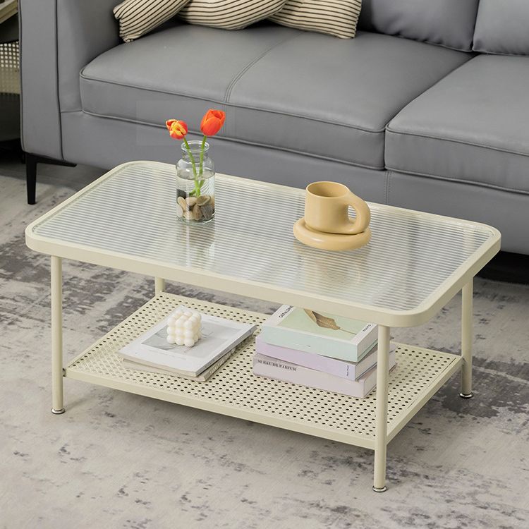 Glass Top Coffee Table 4 Legs Coffee Cocktail Table with Shelf